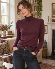 Load image into Gallery viewer, Fine Knit Button Cuff Roll Neck Jumper Plum