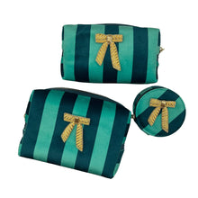 Load image into Gallery viewer, Teal Stripe Make-up Bag &amp; Bow Brooch - Recycled Velvet: Small
