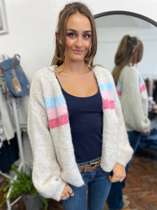 Alba Balloon Sleeve Stripe Knit Cardigan Ivory