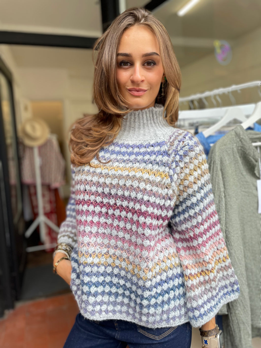 Fawn Funnel Neck Jumper Grey/Multi Stripe