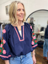 Load image into Gallery viewer, Camelia Cotton Embroidered Sleeve Smock Navy

