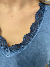 Load image into Gallery viewer, Elara Lace Trim V Neck Blue
