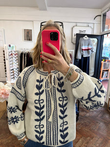 Sparkle Tie Front Jumper Cream/Blue