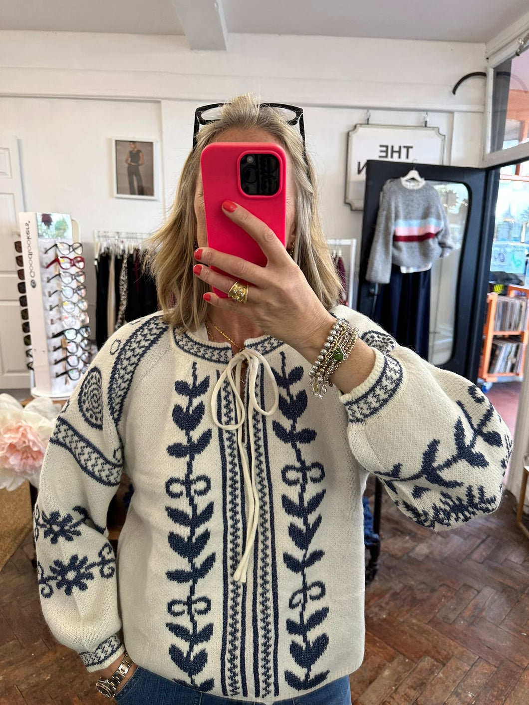 Sparkle Tie Front Jumper Cream/Blue