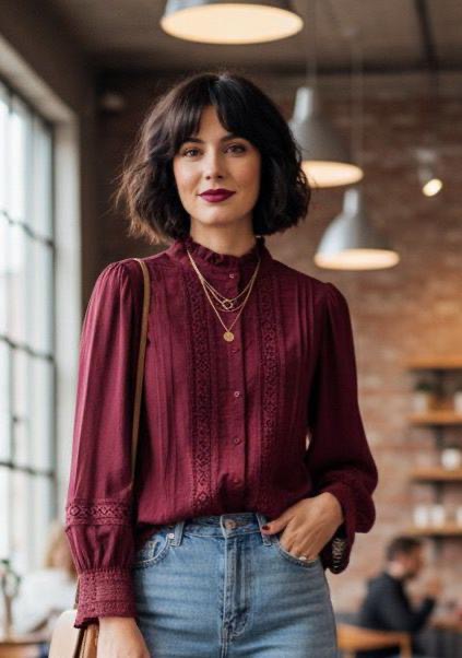 Lila Lace Insert Blouse Bordeaux