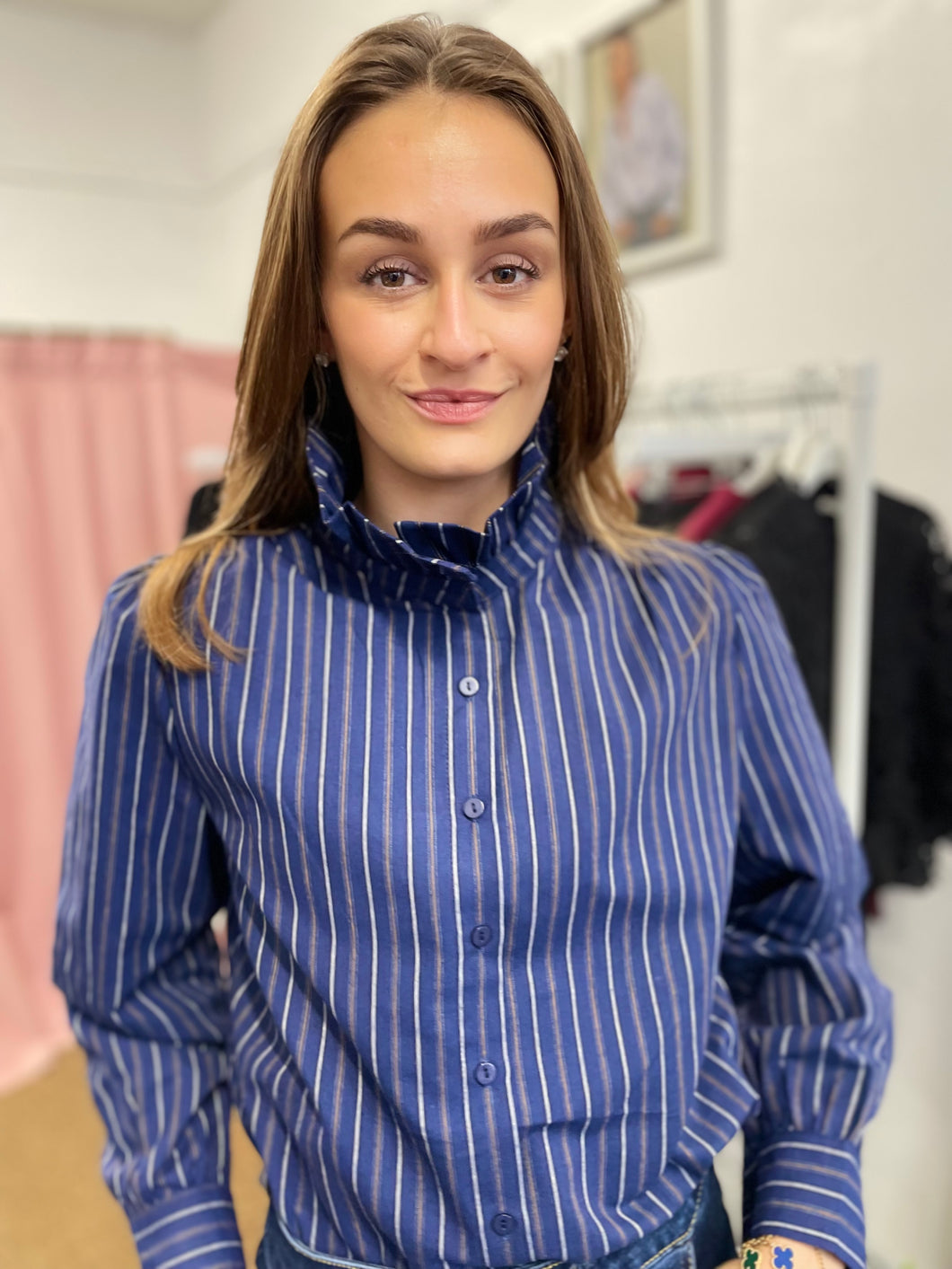 Matilde Stripe Frill Neck Blouse - Blue