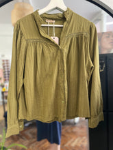 Load image into Gallery viewer, Rosalie Long Sleeve Cotton Stripe Insert Blouse Olive
