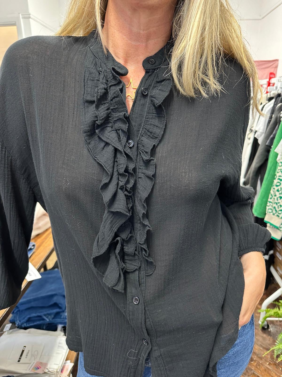 Black ruffle blouse uk deals