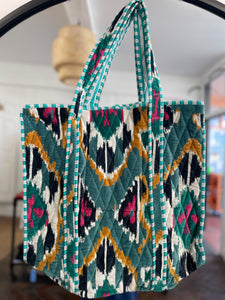 Velvet Ikat Quilted Tote Teal