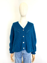 Load image into Gallery viewer, Claudia Open Knit Button Mohair Cardigan Petrol Blue
