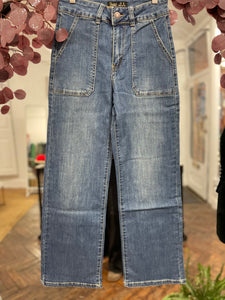 Gloria Patch Pocket Stretch Wide Leg Denim Vintage Wash