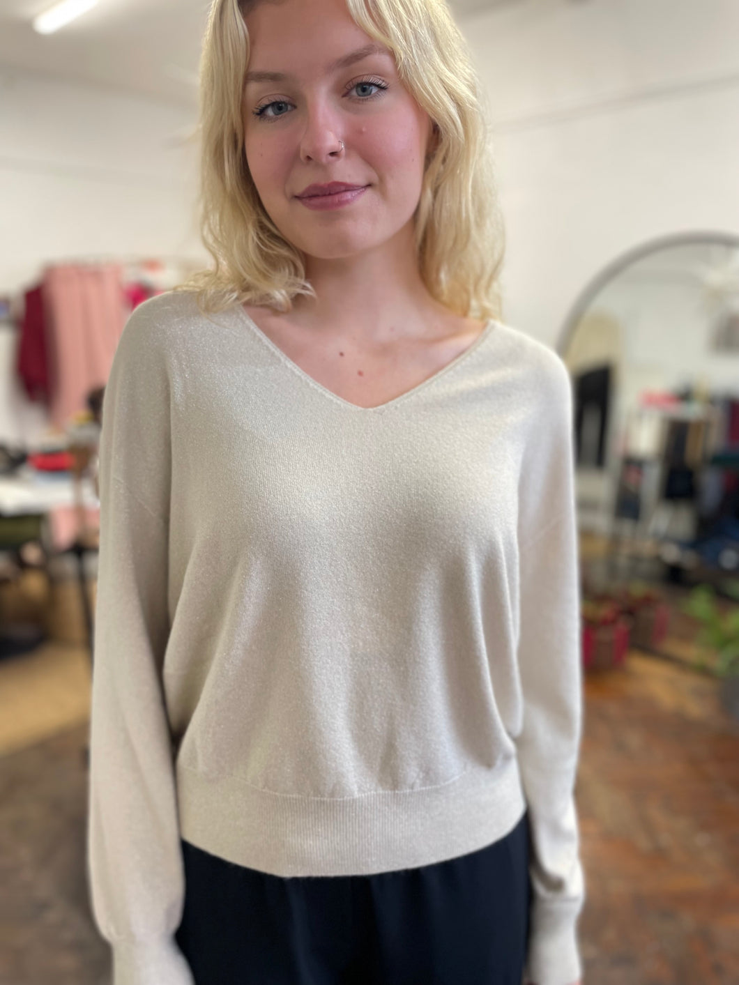 Holly Sparkle V Neck Gold Jumper