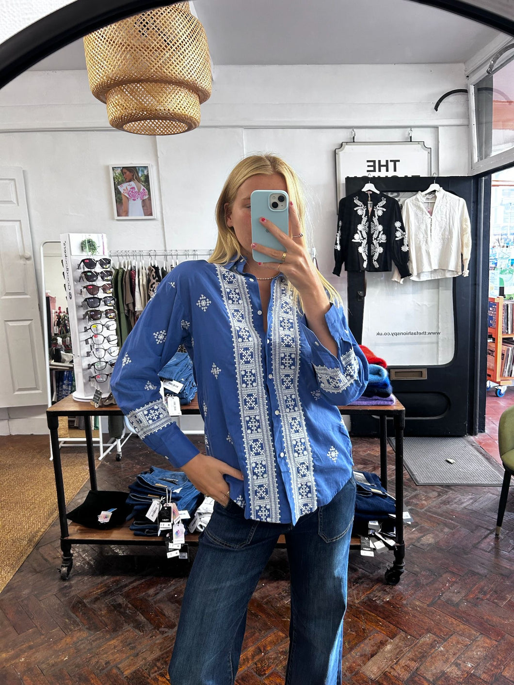 Emma Embroidered Placket Shirt Blue