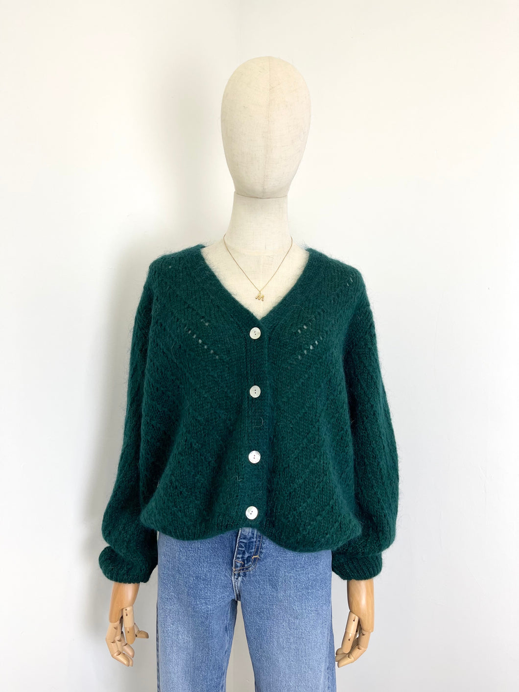 Claudia Open Knit Button Mohair Cardigan Dark Green