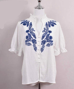 Embroidered Puffed Sleeve Blouse - Navy/White