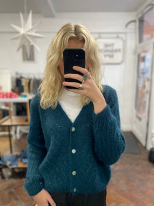 Claudia Open Knit Button Mohair Cardigan Petrol Blue