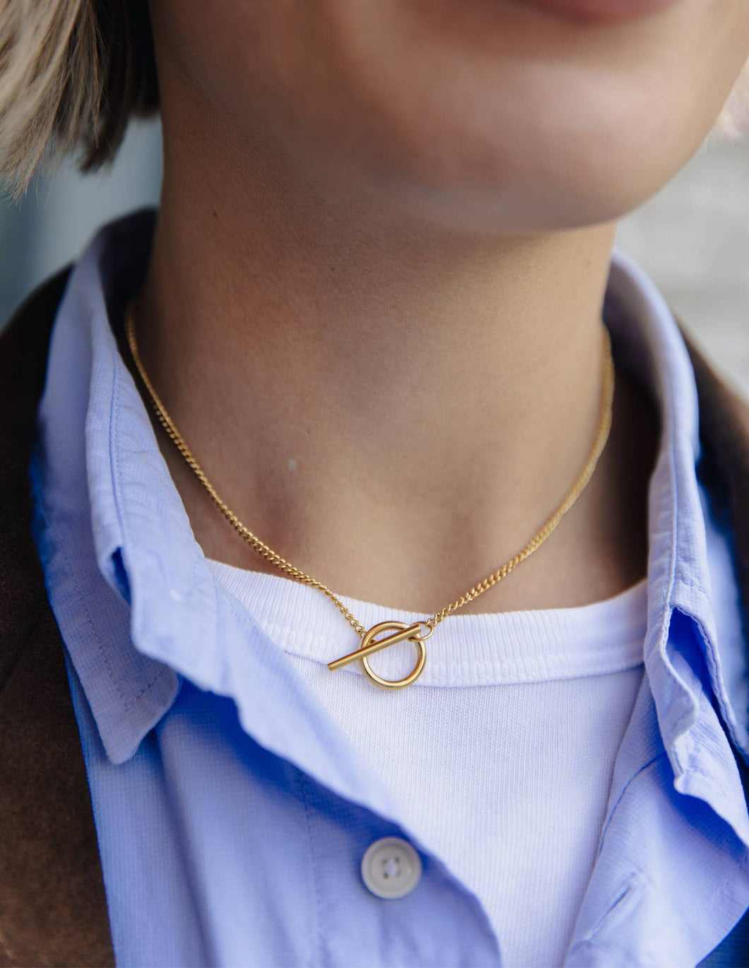 Gold Herringbone Toggle Chain Necklace, Waterproof