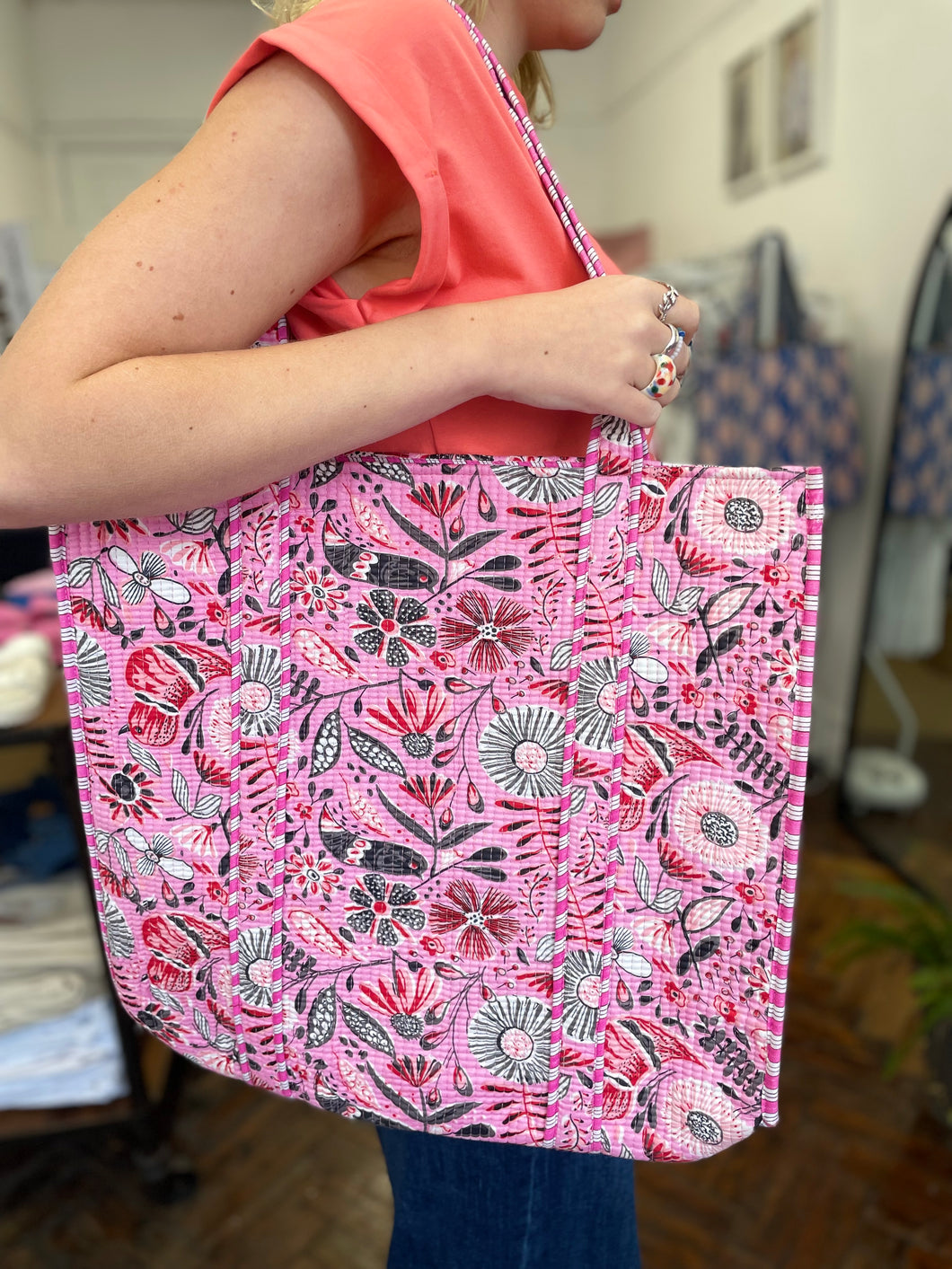 Bird Quilted Cotton Tote Pink