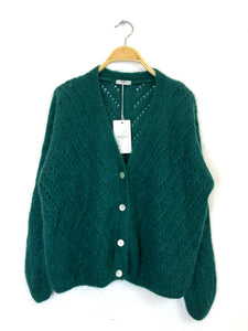 Claudia Open Knit Button Mohair Cardigan Dark Green