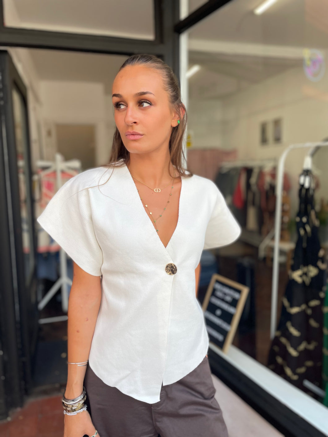 Karina Wrap Knitted Button Top Off White