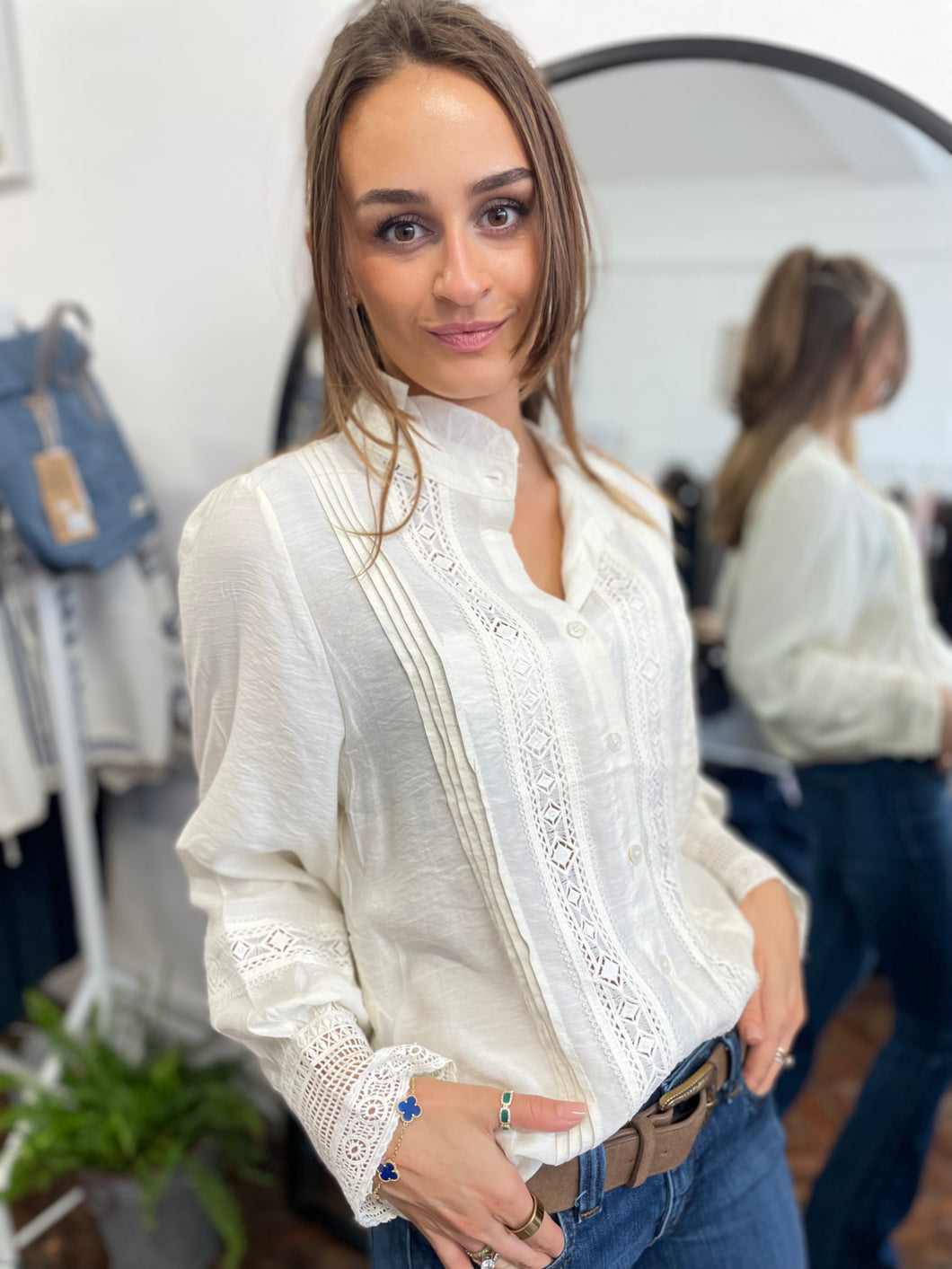 Lena Pintuck & Lace Blouse Cream