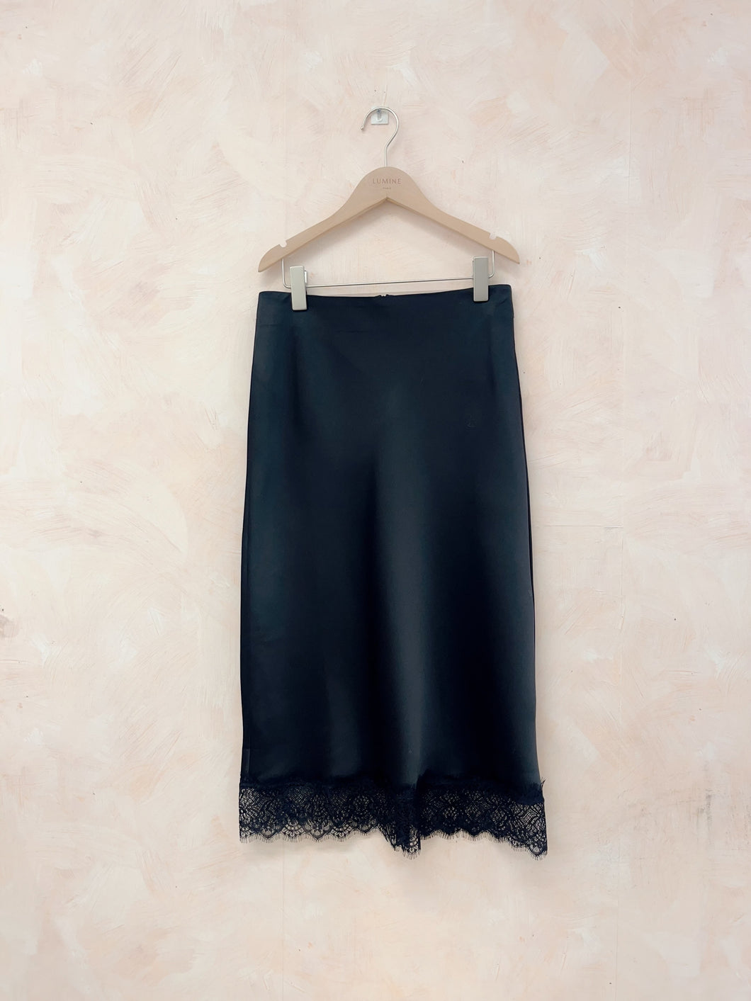 Shea Satin & Lace Trim Skirt Pencil Black