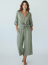 Load image into Gallery viewer, Washed Linen Longline Tie Front Shirt Khaki
