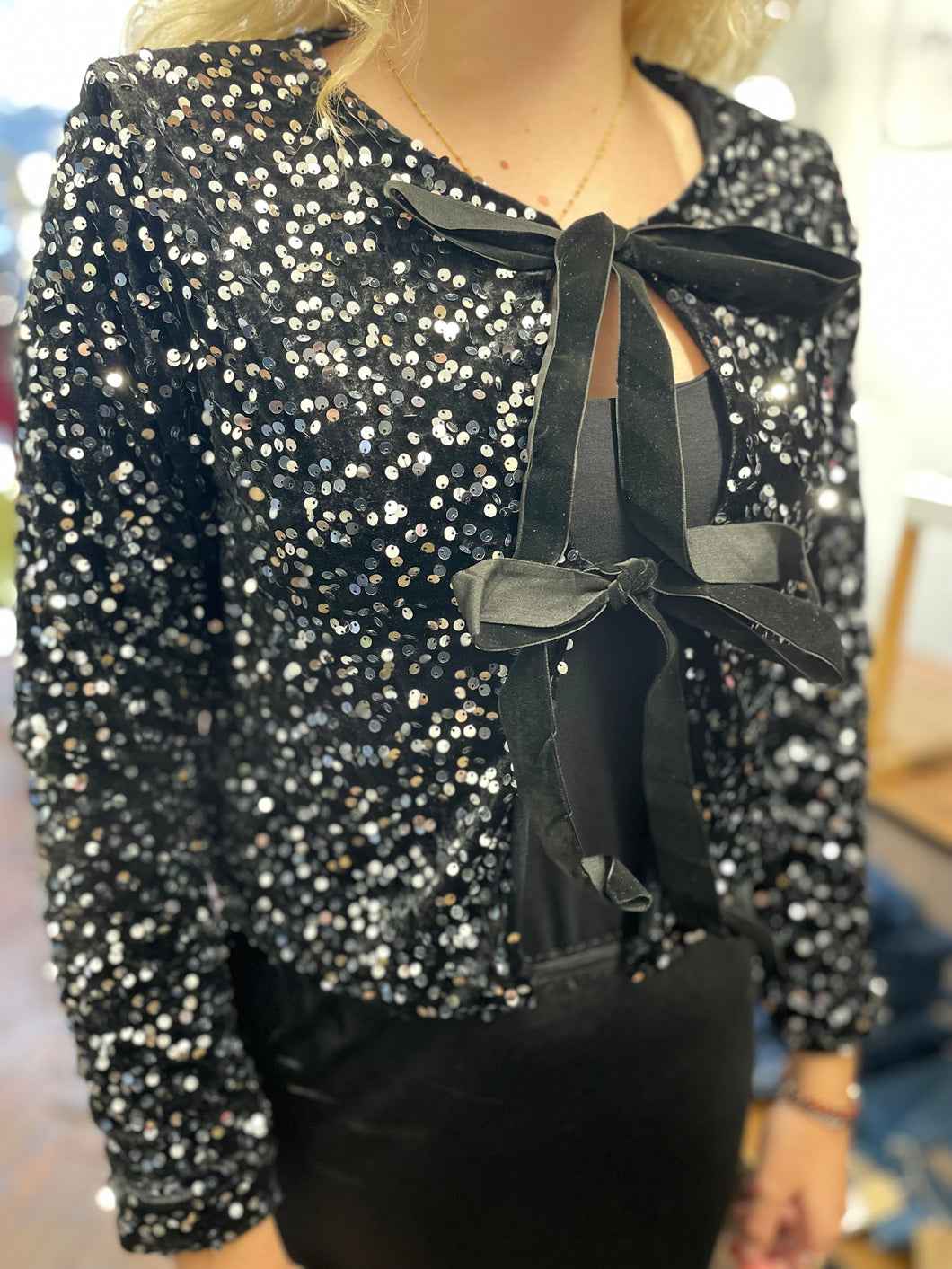 Vivienne Bow Front Sequin Jacket Silver/Black