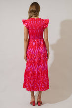 Load image into Gallery viewer, Blevin Ikat Sunfire Smocked Bodice Tiered Midi Dress Red/Pink
