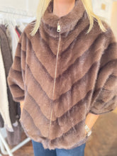 Load image into Gallery viewer, Faux Fur Chevron Zip Cape Chocolate
