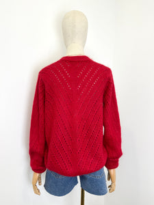 Claudia Open Knit Button Mohair Cardigan Red