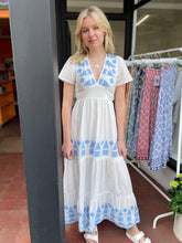 Load image into Gallery viewer, Amara Tie Back Embroidered Maxi Dress Off White/Blue
