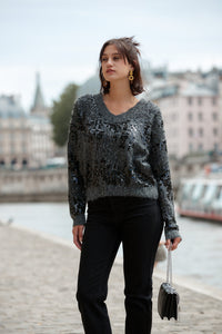 Serena Sequin V Neck Jumper Charcoal