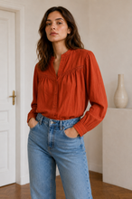 Load image into Gallery viewer, Rosalie Long Sleeve Cotton Stripe Insert Blouse Amber
