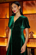 Load image into Gallery viewer, Green Velvet Skater Dress With Diamante Bow Detail - Green
