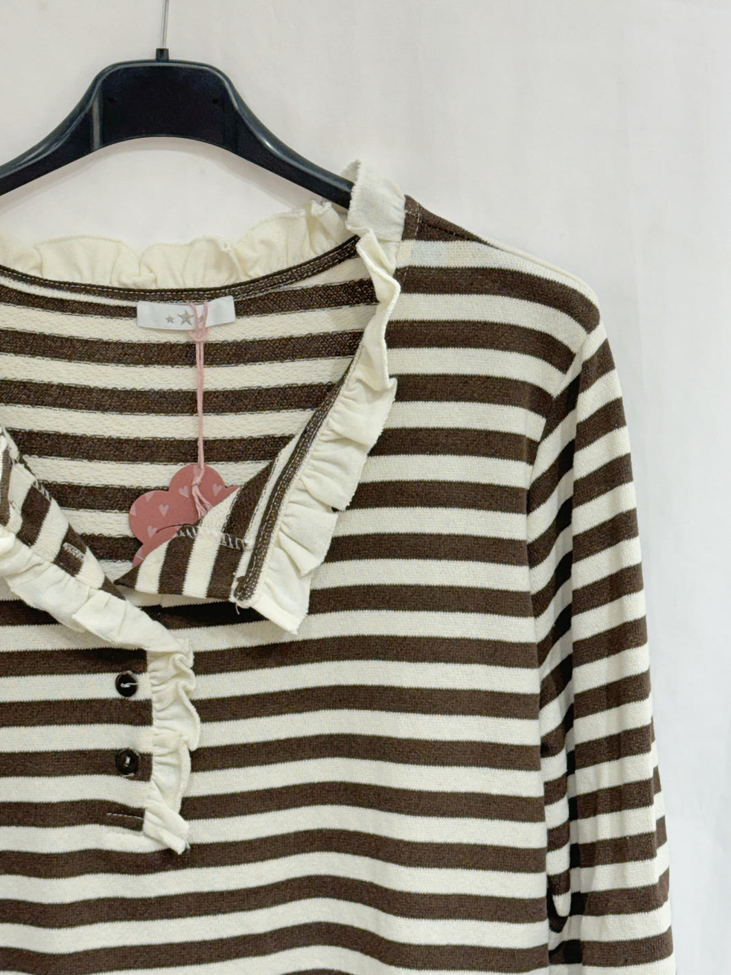Riko Ruffle Neck Striped T-Shirt Chocolate