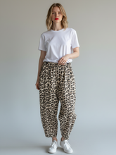 Load image into Gallery viewer, Leopard Cotton Barrel Leg Trouser Taupe

