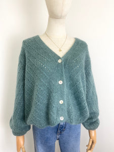 Claudia Open Knit Button Mohair Cardigan Water Green