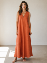 Load image into Gallery viewer, Nola Bias Cut Pure Linen V Dress Rust

