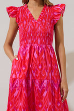 Load image into Gallery viewer, Blevin Ikat Sunfire Smocked Bodice Tiered Midi Dress Red/Pink

