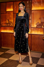 Load image into Gallery viewer, Velvet Midi Dress With Starburst Foil Print - Black
