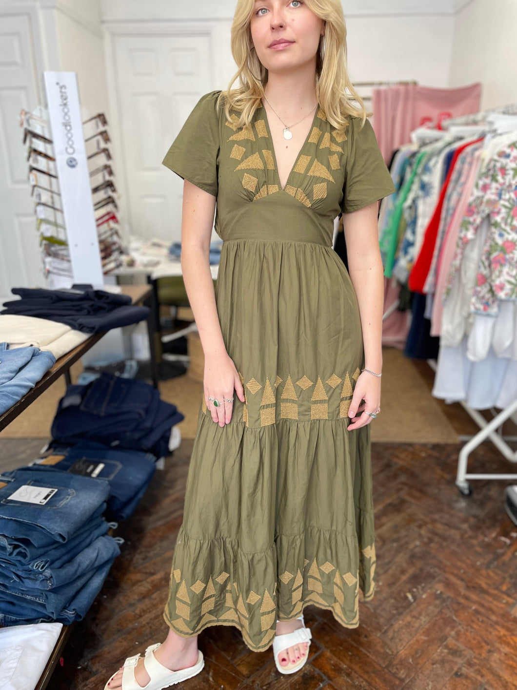 Amara Tie Back Embroidered Maxi Dress Olive
