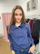Load image into Gallery viewer, Matilde Stripe Frill Neck Blouse - Blue
