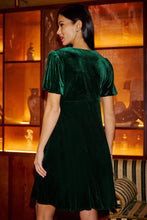 Load image into Gallery viewer, Green Velvet Skater Dress With Diamante Bow Detail - Green
