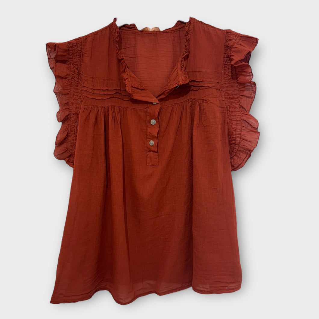 Vida Voile Pintuck Frill Blouse Rust