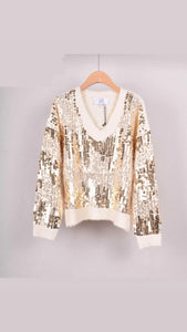 Serena Sequin V Neck Jumper Cream