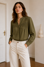 Load image into Gallery viewer, Rosalie Long Sleeve Cotton Stripe Insert Blouse Olive
