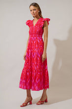 Load image into Gallery viewer, Blevin Ikat Sunfire Smocked Bodice Tiered Midi Dress Red/Pink
