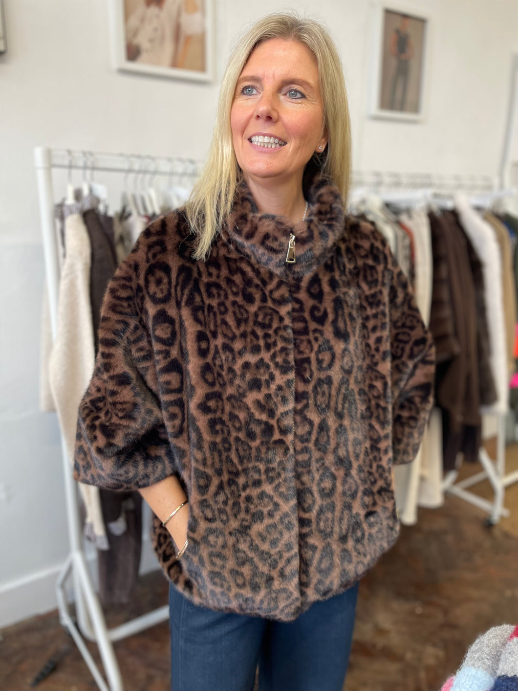 Faux Fur  Zip Cape Leopard
