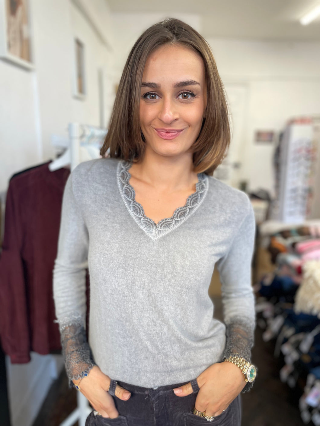 Elara Lace Trim V Neck Grey